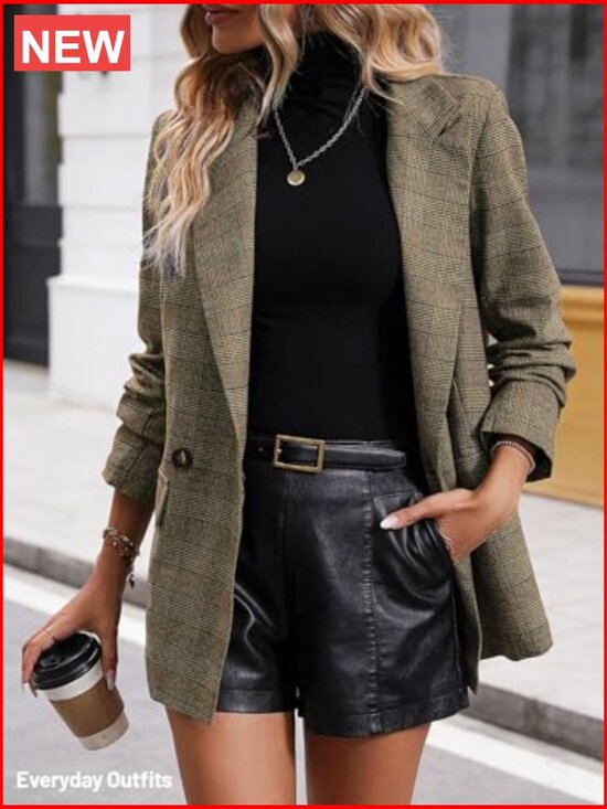 Lightweight Fully Lined Plaid Houndstooth Blazer with Pockets - Picture 2 of 7